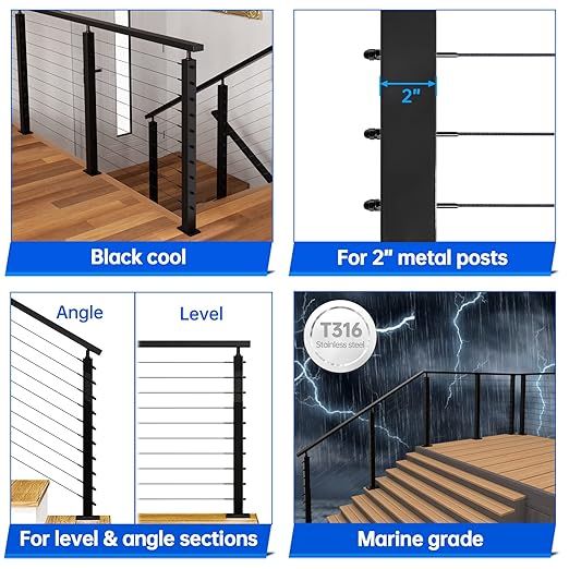 Muzata 60 Pack 1/8" Black Cable Railing Hardware Kit Hand Swage Threaded Stud Tensioner for 2x2 Metal Post T316 Stainless Steel Deck Cable Railing System CR23