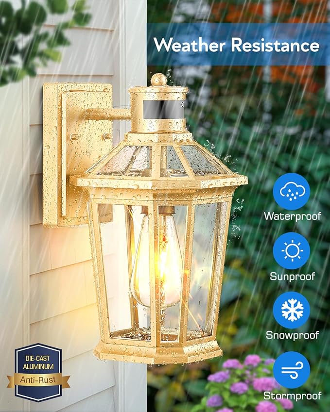 VIANIS Outdoor Wall Lights Lantern, 2 Pack Gold Motion Sensor Proch Light, Dusk to Dawn Weather Resistant Exterior Lights for House Sconce, Waterproof Garage Lights with Clear Glass Shade