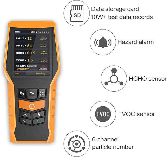 Smart Air Quality Meter Indoor 11-in-1 Air Monitor PM1.0 PM2.5 PM10 Dust TVOC VOC Detector HCHO Tester with Data Record for Home Office (126S)