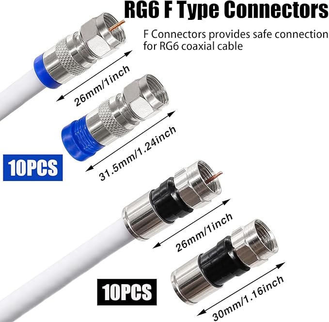Coax Cable Crimper Kit Coaxial Compression Tool F RG6 RG59 RG11 75-5 75-7 Fitting Wire Coax Stripper 20PCS F Male And 10pcs Female Connectors