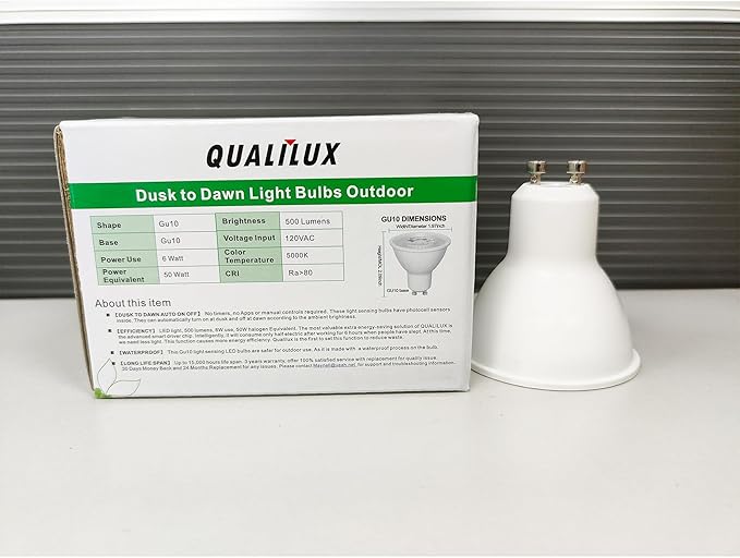 MR16 GU10 Dusk to Dawn Light Bulbs, Daylight 5000K, 50W Equivalent, 500LM, Auto On/Off Light Sensor Bulb, Non-dimmable, LED 6W 4 Pack, HQ-H045