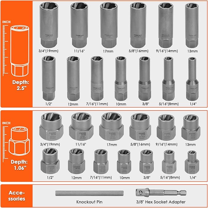 THINKWORK Broken Bolt Extractor Kit, 65 Pieces Easy Out Screw Extractor Set, Lug Nut Removal Tool with Left Hand Drill Bit Set for Removing Damaged, Frozen, Rusted, Rounded-Off Bolts, Nuts & Screws