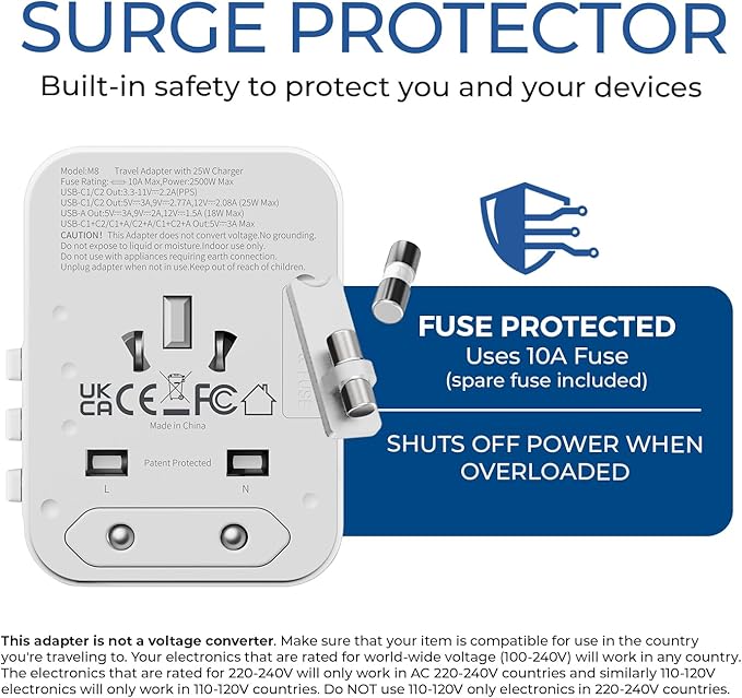 OREI 25Watt Universal Travel Adapter | 2X USBC 1XUSB A - 4-in-1 Universal Power Adapter | Universal Chargers for All Devices compatible 150+ Countries | Type C, A, G, I Compatible