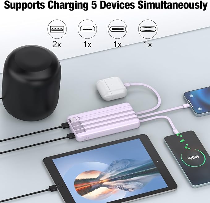 Portable Charger with Built in Cables,High Speed Power Bank 10000mAh Travel Battery Pack 5 Outputs 3 Inputs Portable Phone Charger Backup Battery for iPhone, Samsung, iPad,Tablets (Purple)