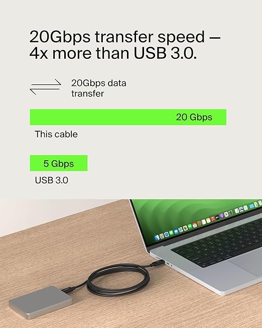Belkin Connect USB4 Cable (6.6ft/2M Power Cable), USB-C to USB-C Cable w/ 240W Power Delivery + 20Gbps - USB4 Compliant Power Cable, Compatible with MacBook, Windows, Chromebook, & More