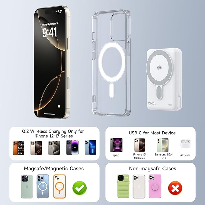 Magnetic Portable Charger 10,000mAh Qi2 Certified 15W Fast Charging Wireless Power Bank, Magsafe Battery Pack with Foldable Stand, PD20W USB C Built in Cable, for iPhone 16/15/14/13/12 Series