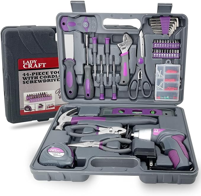 44PCS 4V Cordless Screwdriver Tool Kit Set Pink Color Tools Lady Tools Kit Home Repair Set Toolbox Hand Tool Kit Storage Case Gift Set LADYCRAFT