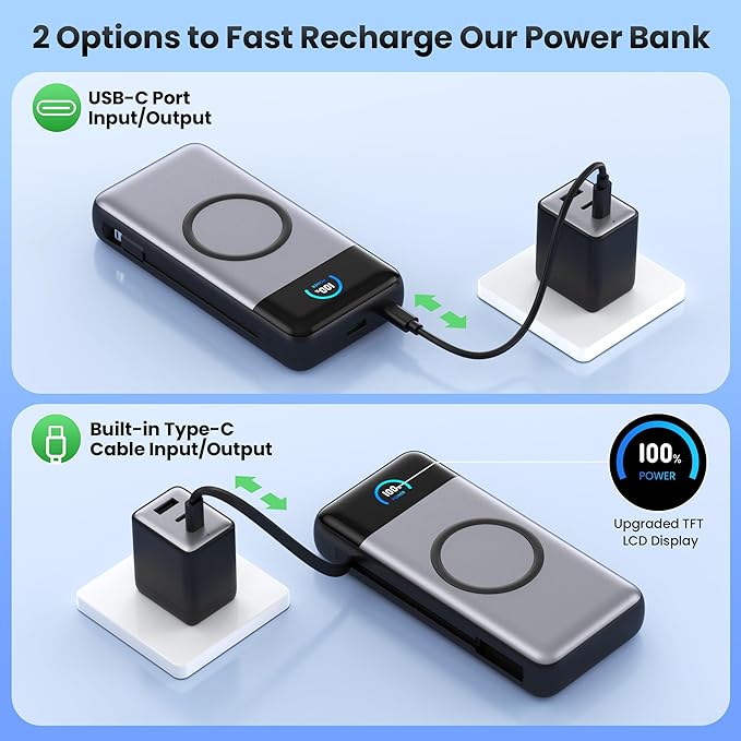Wireless Portable Charger 40800mAh with Built-in Cables, 15W Wireless Charging USB C Power Bank, 25W PD QC 4.0 5 Outputs TFT LCD Display Battery Pack for iPhone 16/15/14/13/12, Samsung, Android etc
