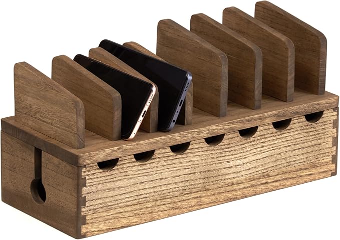 KIRIGEN Charging Station Organizer for Multiple Devices Desktop Organizer Wooden Cable Management with 7 Ports for Cell Phones, Tablets, Earphones GDXH-DBR