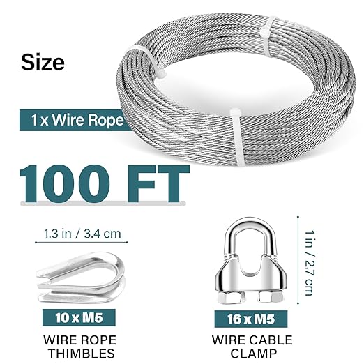 3/16 Wire Rope, 100ft 3/16 Stainless Steel Cable Wire, 7x19 Strand Aircraft Cable Wire Rope Kit, 3700lbs Breaking Strength with 3/16 Cable Clamps,Thimble for Deck Railing Shade Sails String Lights