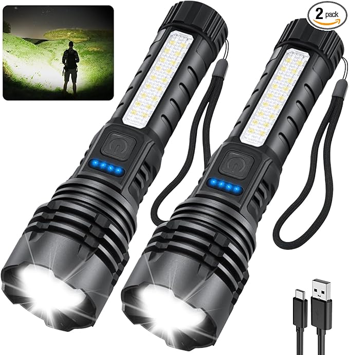 Rechargeable Flashlights High Lumens, 7Mode Flashlights Rechargeable, Super Bright Flashlight, Adjustable Tactical Flash Light, High Powered Flash Light, LED Flashlight for Emergency Home 2Pack