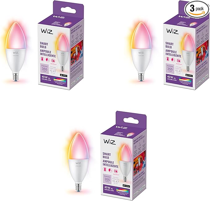 WiZ Connected 40W B12 LED Smart Light Bulbs - Connects to Your Wi-Fi - E12 Smart Bulb - Control with Voice or App + Activate with Motion - Matter Compatible - 3 Pack