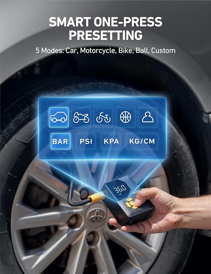 AstroAI L7 Mini Tire Inflator Portable Air Compressor,150 PSI Cordless Car Tires Air Pump with LED Lights&Pressure Gauge,Auto Shut-Off - Tire Pump for Auto,Motorcycle, Bicycle, Ball Yellow