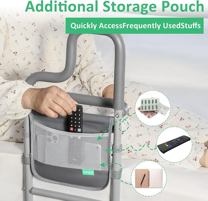 Dual Bar Bed Rail for Elderly Adults Safety with Storage Pocket, Bed Assist Rail for Seniors for Easily Getting in & Out of Bed, Bed Rails Fits King, Queen, Full, Twin Bed - Grey