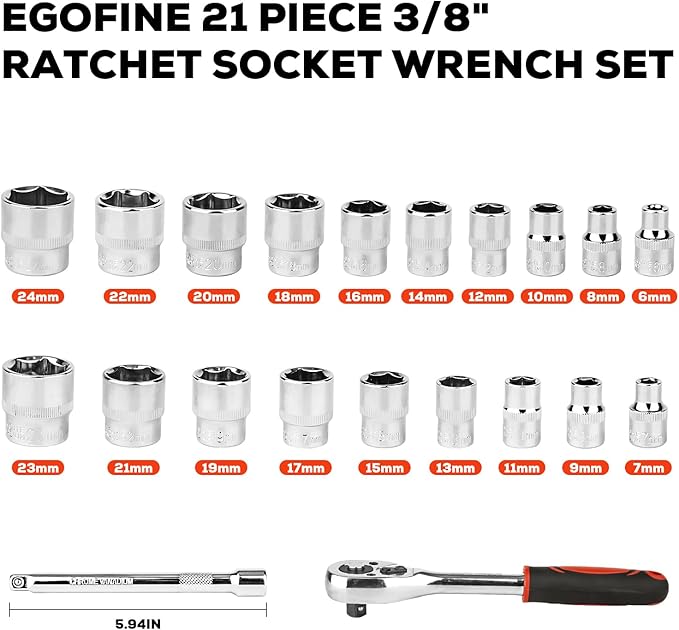 Egofine 21pcs 3/8 Inch Ratchet Socket Wrench Set, Drive Socket Set with 19 Sockets, 6-24mm sockets and 2 Way Quick Released Ratchet Handle and Extension Bar