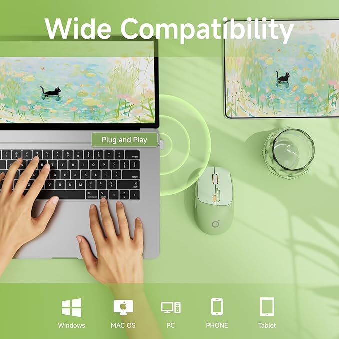 EWEADN Q5 Wireless Mouse, Bluetooth & 2.4G Quiet Computer Mouses with 1600 DPI, Battery Level Display, Ergonomic Office Mouse,6 Button Portable Cute Cordless Mice for Laptop/PC/Mac- Green