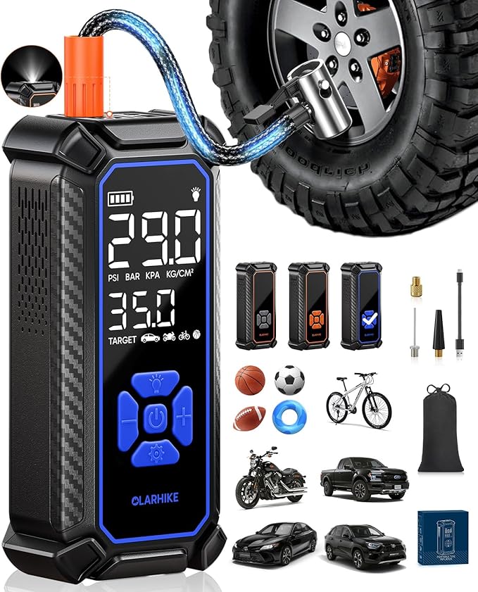 OlarHike Cordless Tire Inflator Portable Air Compressor, Ultra Fast Inflation, Air Pump for Car Tires, Pickup Truck, Motorcycle, Bicycle, Balls, Electric Pump with LED Light & Digital Pressure Gauge