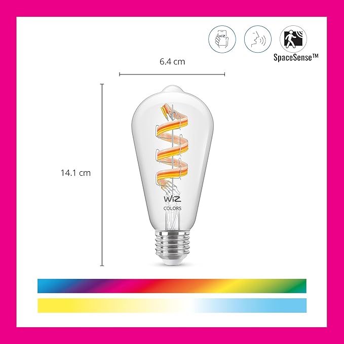 WiZ Color ST19 Color Filament LED Smart Bulb - Pack of 6-300 Lumen - E26 Indoor - Connects to Your Existing Wi-Fi - Control with Voice or App + Activate with Motion - Matter Compatible.