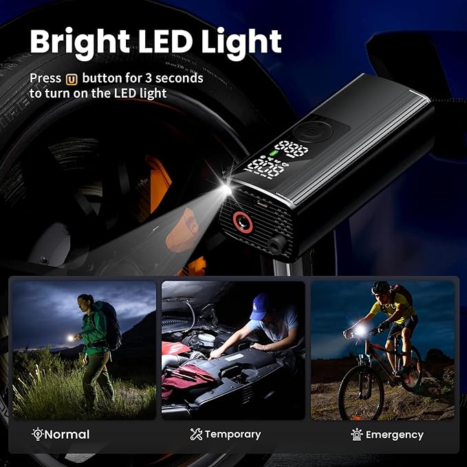 Tire Inflator Portable Air Compressor, Cordless Air Pump for Car Tires with Digital Pressure Gauge, 150 PSI Fast Tire Inflator for Car, Motorcycle, Bicycle - LED Light and Auto Shut-Off