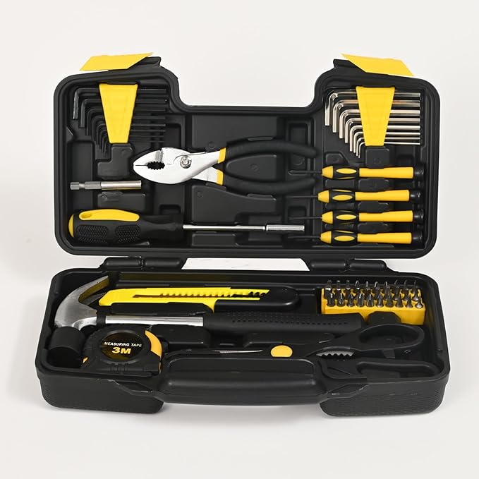 58-Piece Tool Kit Basic Home Repair Tool Set, General Household Hand Tool Kit,Small Tool Kit with Plastic Toolbox Mini Tool kit for Women, Office & College Repairs Yellow