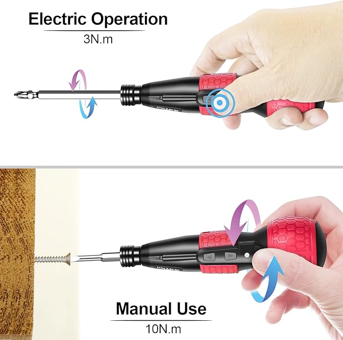 3.6V Cordless Electric Screwdriver, Portable Mini Rotary 2-in-1 Home Gadget with 3.5Nm Torque, Non-slip Handle & LED Light, 5pcs Electroplated Pearl Chrome S2 Bits, 1800mAh USB-C Rechargeable – Red