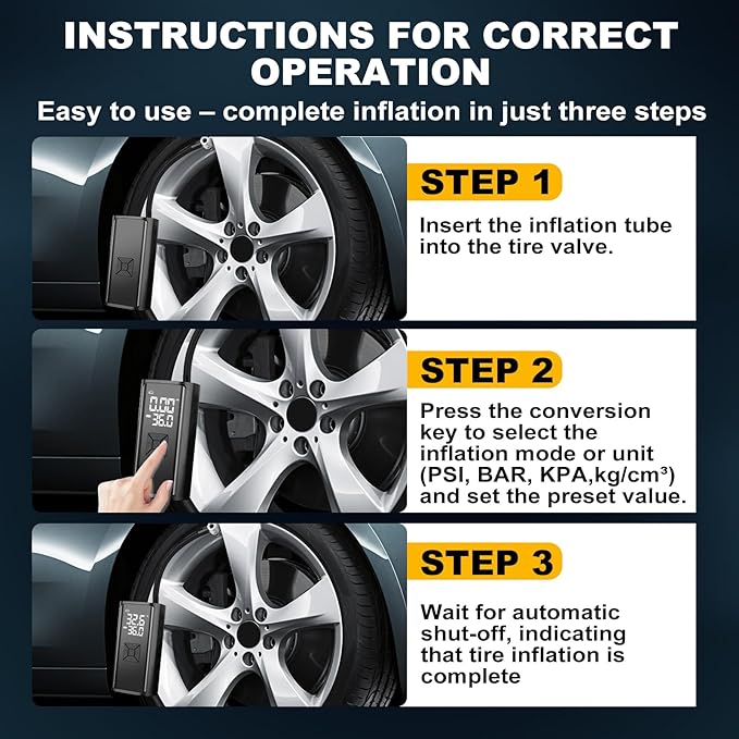 Tire Inflator Portable Air Compressor, 150 PSI Air Pump For Car Tires with Digital Pressure Gauge, Cordless Pump with LED Light and Auto Shut-Off Function, Suit for Car,Motorcycle,Bicycle,Balls & More