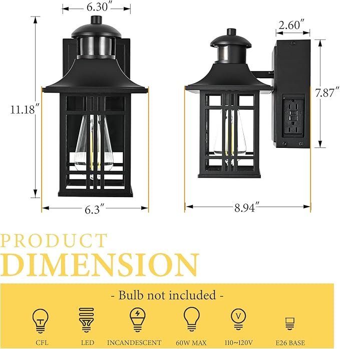 Motion Sensor Porch Light with Outlet, Outdoor Wall Lights Exterior Dawn to Dusk Outdoor Light Fixture with Outlet for House Patio Garage