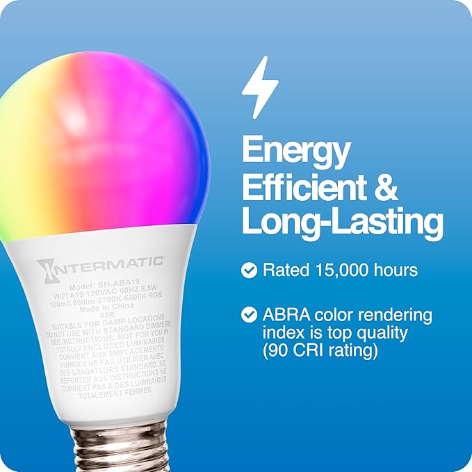 Intermatic ABRA A19 Wi-Fi Smart Bulb, 800 Lumens - Voice Controlled RGB LED, Compatible with Alexa & Google Home - Timers & Schedules, 2.4 GHz Wi-Fi Only, No Hub Required (1 Pack)