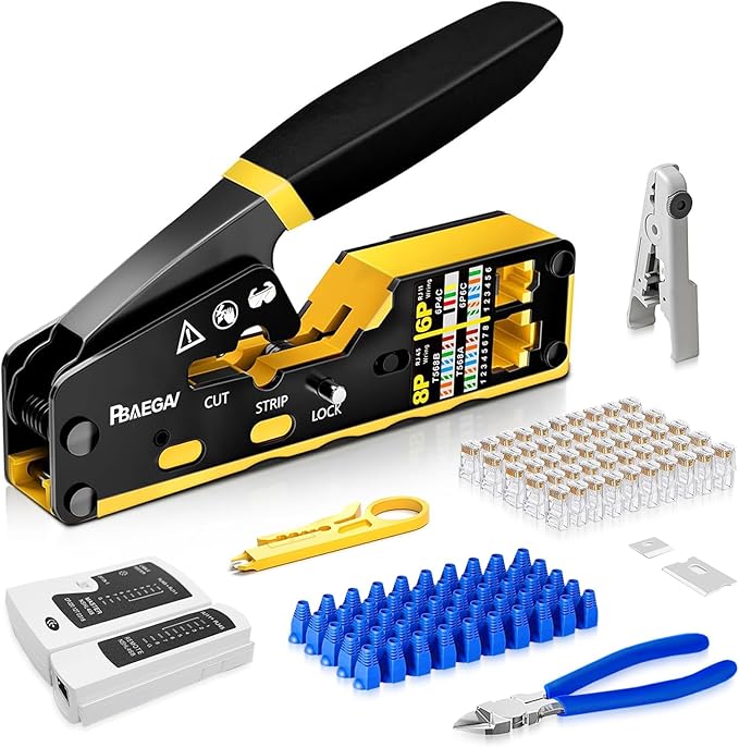 RJ45 Crimp Tool Pass Through Crimper RJ45 Crimping Tool Stripper Cutter Crimper for 8P RJ45 Cat5 Cat5e Cat6 6P RJ11/12 Telephone Connectors Network Enthernet Crimper kit (1)