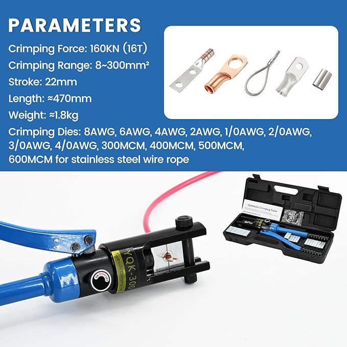 16T Hydraulic Battery Cable Crimper 8 AWG to 600 MCM Hydraulic Crimping Tool Cable Lug Crimper Electrical Terminal Wire Crimper with 13 Pairs of Dies Kit, Blue