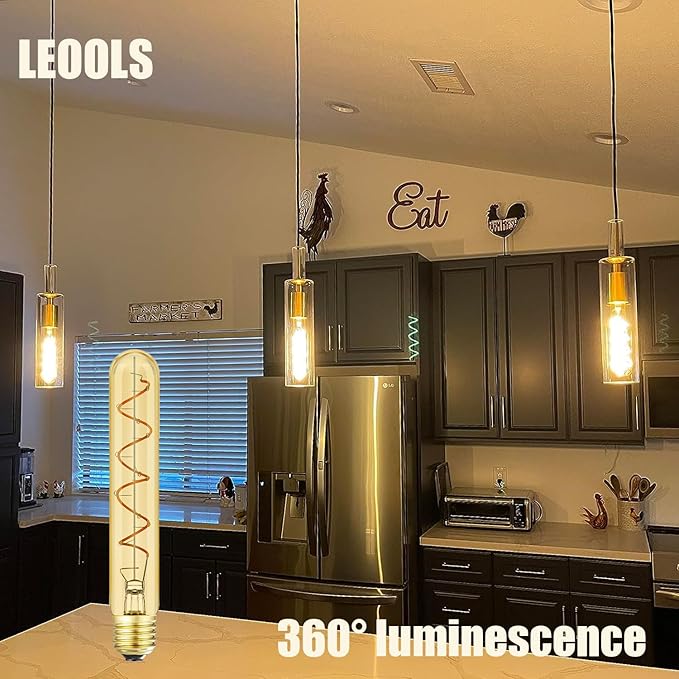 Leools T10 Vintage LED Edison Light Bulbs 60 Watt, 4-Pack Dimmable T30 6W2200K Amber Warm Light Bulbs, E26 Base, 6W LED Equal 60 Watt Incandescent Bulbs,Decorative Antique Spiral Long Bulb,7.3inch