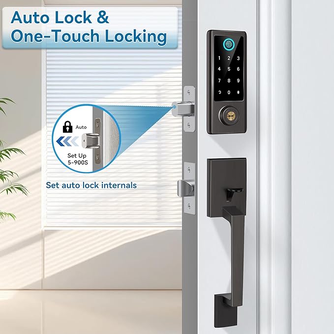 Fingerprint Door Lock with Handle Sets, BEBASIA Keyless Entry Door Lock, Bluetooth Front Door Lock Set, Smart Deadbolt, Electronic Keypad Digital Lock with Handle, Aged Bronze