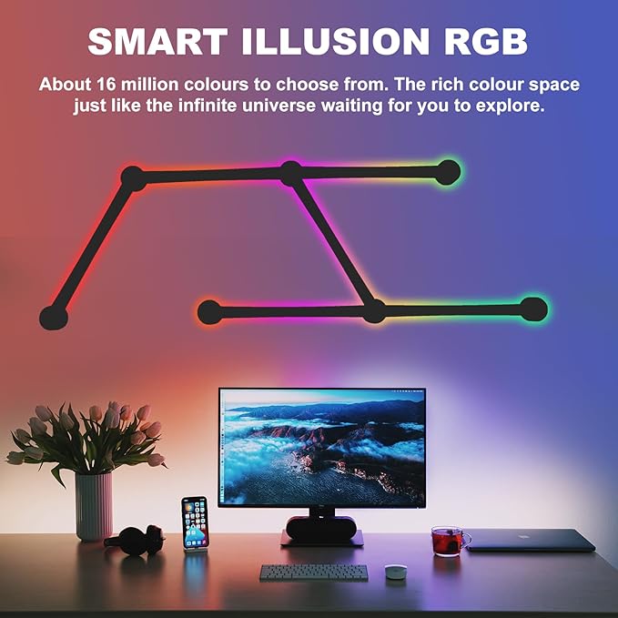 Smart Wall Light Lines, WiFi RGB LED Bars, 16M+ Color Dimmable Music Sync DIY Home Decor for Gaming Party Streaming Lovers, Compatible with Alexa & Google Assistant (6 Lines, Black)