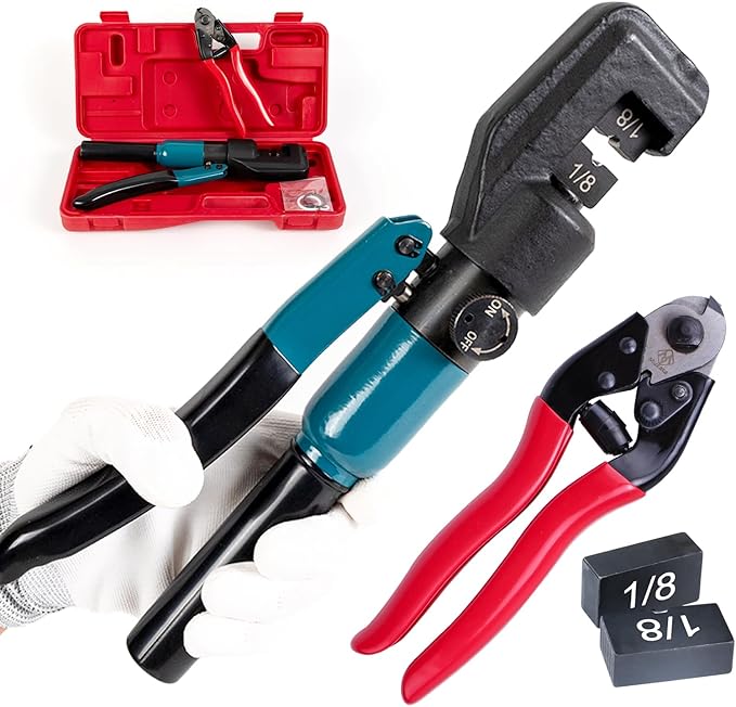 Muzata Custom Cable Railing Crimping Tool Hydraulic Crimper Hydraulic Crimping Tool for 1/8" Stainless Steel Cable Railing Kit Wire Rope Swaging Kit with Wire Cutter and Spare Dies CR09 CK12