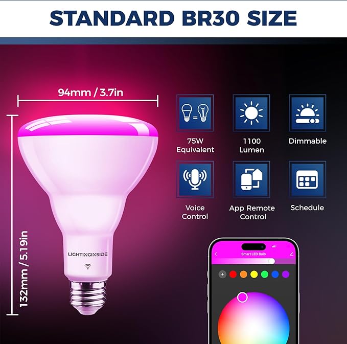Smart Light Bulb 75W Equivalent, 1100LM 12W RGBCW BR30 E26 Bulb Works with Alexa/Google Home/Smart Life, 2.4G WiFi Bluetooth Recessed Flood LED Bulbs, No Hub Required, ETL Listed, 1PC