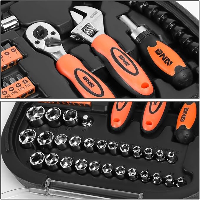 DNA MOTORING 64pcs Mechanic's Auto & Home Repair Tool Box, Screwdriver Bit Tool Set, SAE and Metric Socket Wrench Set, Orange/Black, TOOLS-00026