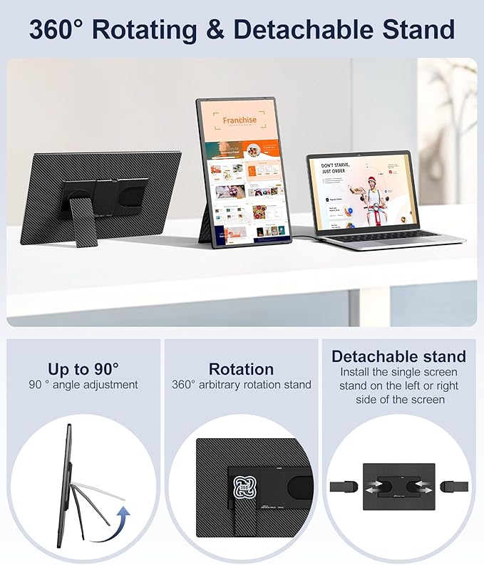 16.1" Portable Monitor, 1200P FHD Laptop Screen Extender, 360° Rotating Detachable Stand, Plug&Play Dual Monitor, Ultra-Thin Zero Frame Portable Screen for Laptop/PC/Mac/Windows/PS5
