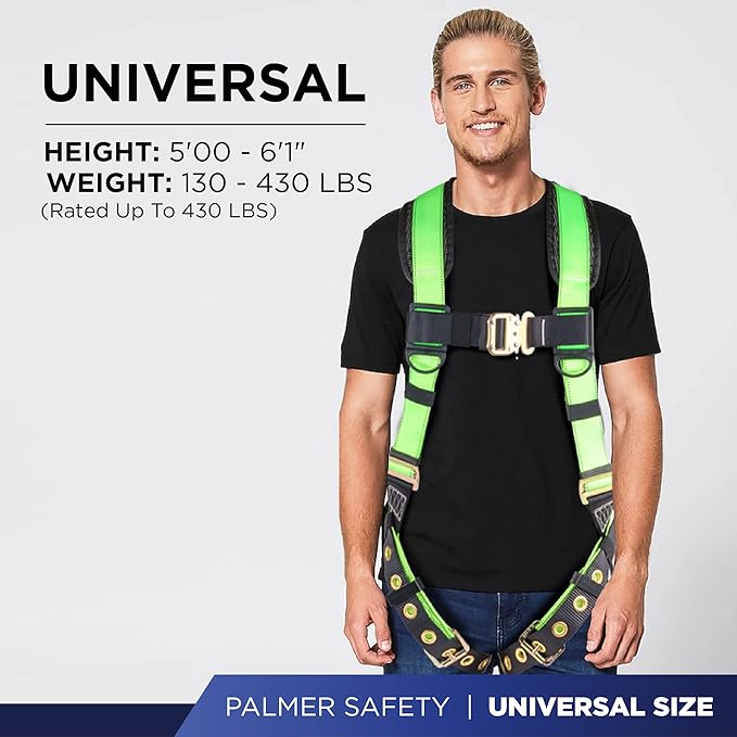 Palmer Safety Full Body Harness with 5 Point Adjustment, Dorsal D-ring, Grommet Legs, Two Side D Rings, and Fall Indicators