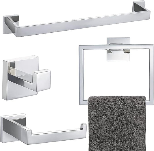 4-Piece Bathroom Hardware Set Chrome Bath Towel Bar Holder Sets Wall Mounted Stainless Steel Bathroom Accessory Kit, Polished Chrome 23.6 Inch