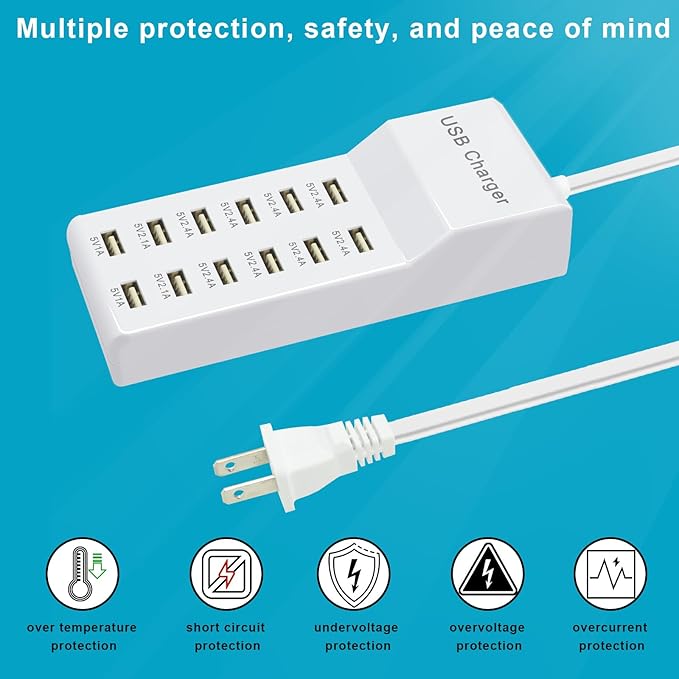 USB Charging Station with 12 Port Power Strip Fast Charging hub for Multiple Devices Compatible with Cell Phones Tablets Laptops (12 USB Ports)