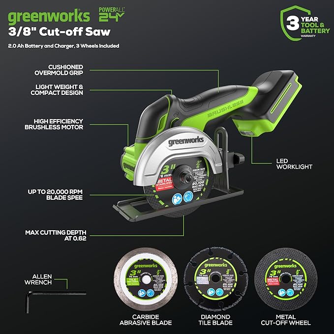 Greenworks 24V Mini Circular Cut-Off Saw Kit – Cordless Brushless 3'' Cutting Tool with 2.0Ah Battery & Charger, Compact for Metal, Tile, Plastic, Grinder-Style Design