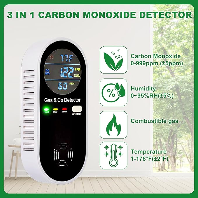 Combustible Gas & Carbon Monoxide Detector 4-in-1 Alarm with Temp/Humidity Sensor – Plug-in CO/Gas Leak Detector for Home, RV, Apartment Safety (Explosive Gas & CO Detection) 2-Pack
