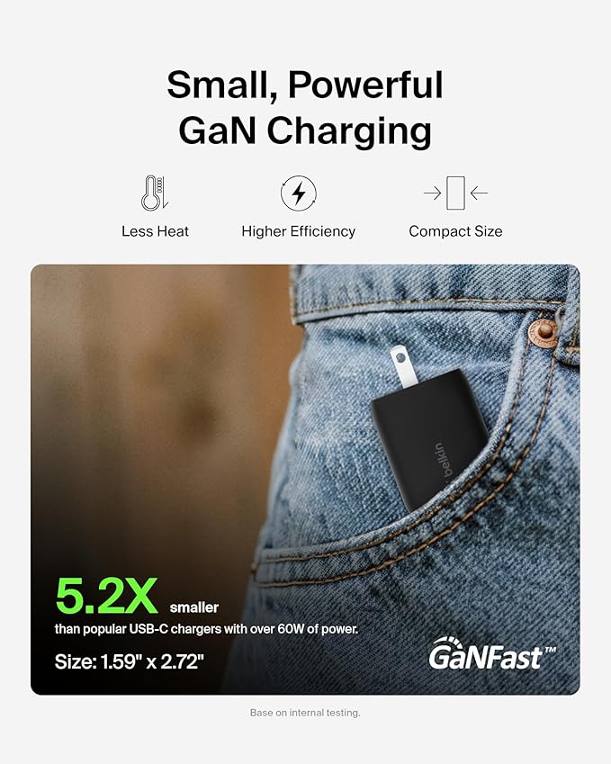 Belkin 65W Dual USB-C Wall Charger, Fast Charging PD 3.0 w/GaN Technology for iPhone Series, iPad Pro 12.9, MacBook, Galaxy Series, Tablet, & More - Black