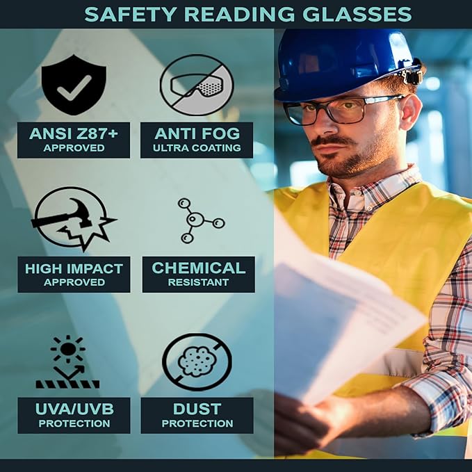 Safety Reading Glasses in Black Frame With Clear Lens - Full Lens Magnifying Safety Glasses - Comfortable Fit - Anti-Fog