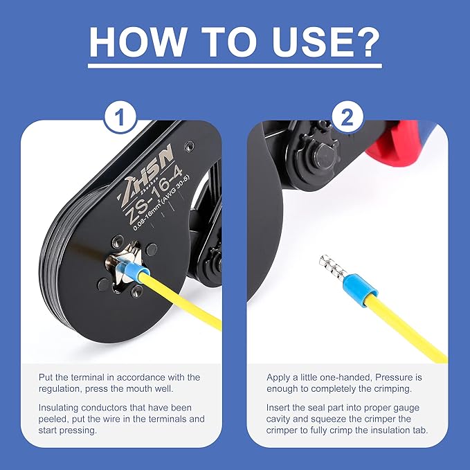 Ferrule Crimper, Zhushan 16-4 Square Jaw Ferrule Crimping Tool AWG 30-5 (0.08-16mm²) Worked for Wire Terminals Cables End-sleeves