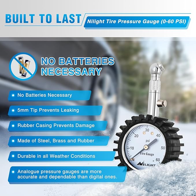 Nilight Tire Pressure Gauge 60PSI Heavy Duty Stainless Steel Air Chucks ANSI B40.1 Certified Large 2" Dial Wheel Service Checker for Truck Semi Truck ATV Motorhome Cars & RV Accessories
