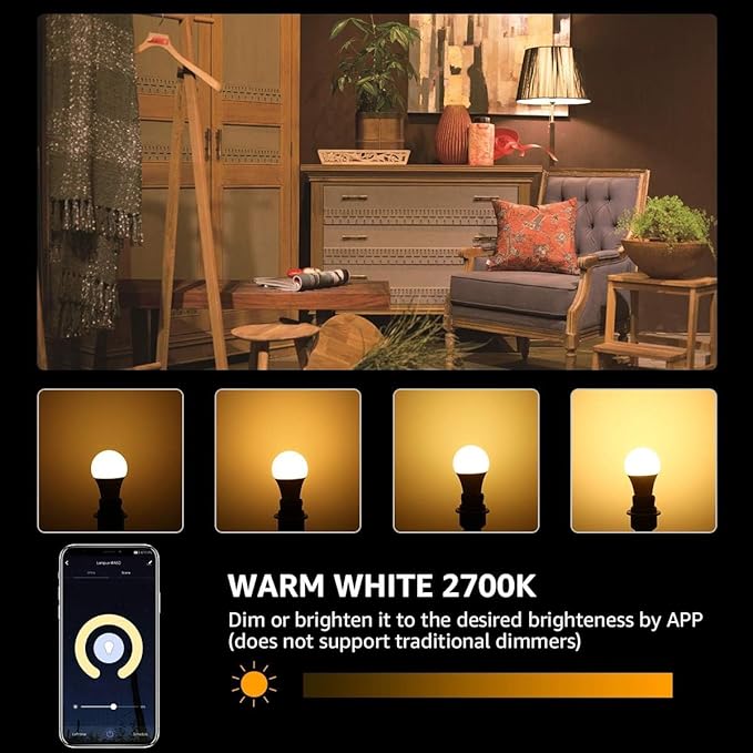 Lighting EVER LED Smart Light Bulbs, Compatible with Alexa and Google Assistant, 60 Watt Equivalent, Dimmable with App (Not Support Traditional Dimmers), Warm White 2700K, A19 E26, 2.4GHz WiFi Only