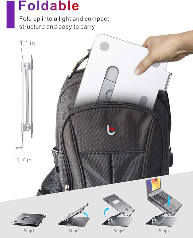 Adjustable Laptop Stand for Desk | Ergonomic Aluminum MacBook Riser with Heat-Vent, Compatible for 10-17" Laptops, Silver