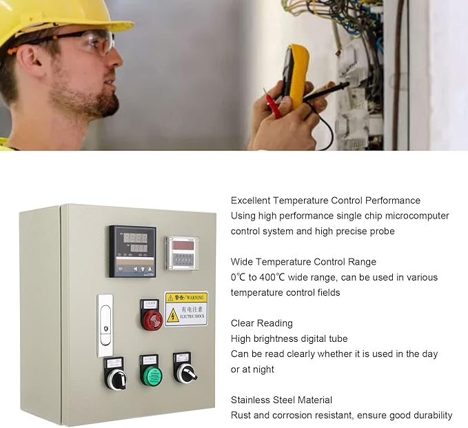 PID Temperature Controller Kit Voltage AC 100~240V with SSR 40DA Solid State Relay,K Type Thermocouple Sensor and Black Heat Sink,3 Phase 15KW High Accuracy Digital Display Smart Temp Control Box 380V