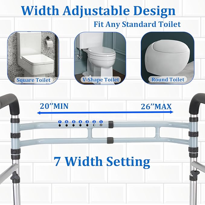 Toilet Safety Rail - Adjustable Detachable Medical Safety Frame for Elderly & Handicap, Heavy Duty Handles, Fits Most Toilets